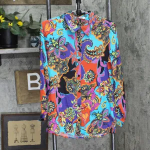 DG2 by Diane Gilman Silk Blend Long Sleeve Button Up Shirt Blue Red Multi S