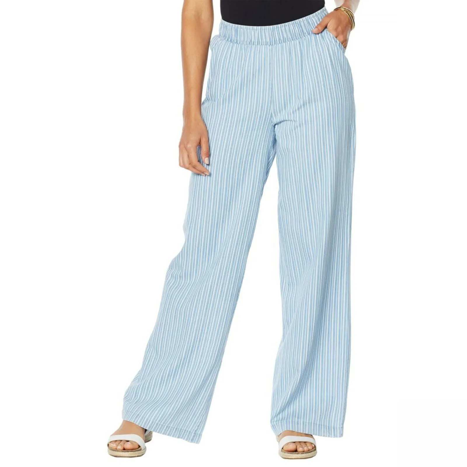 DG2 by Diane Gilman SoftCell Denim Wide Leg Pants Chambray Stripe Petite XS