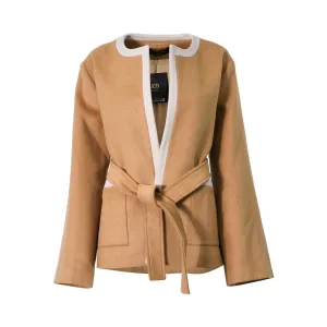 Dinoma Women's Wool Blend Belted Jacket with Contrast Trim