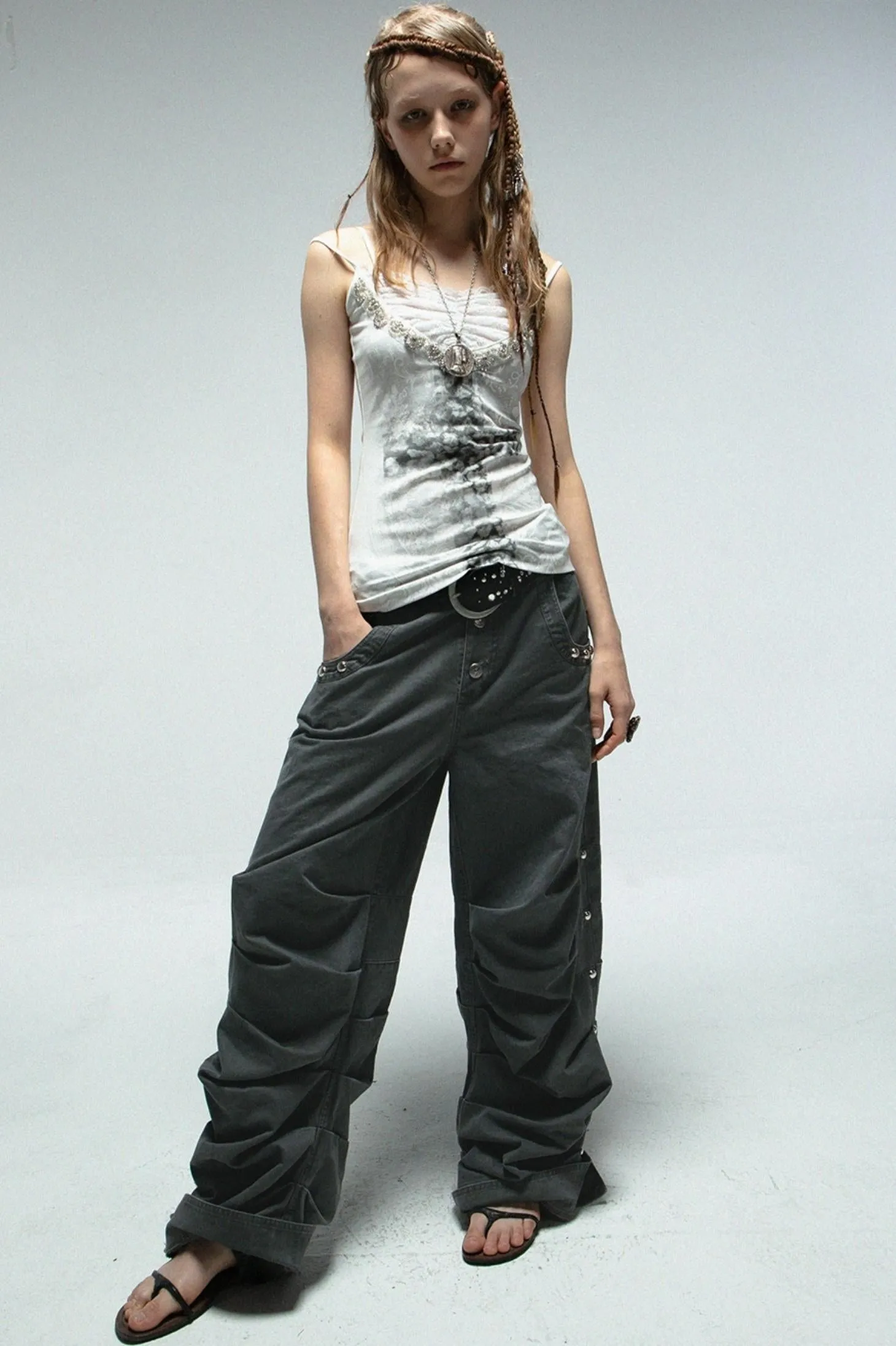 Distressed Pleated Cotton Trousers