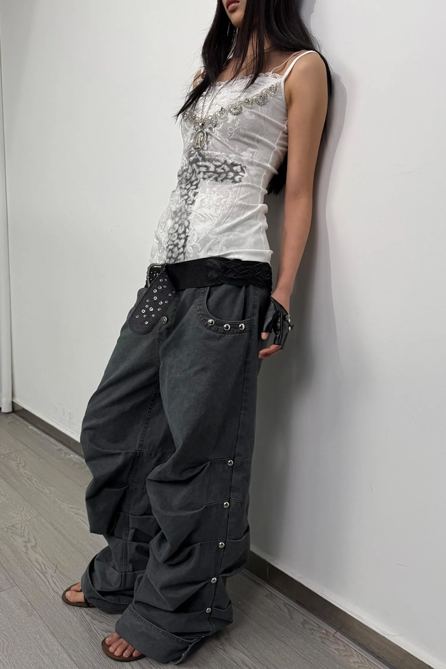 Distressed Pleated Cotton Trousers