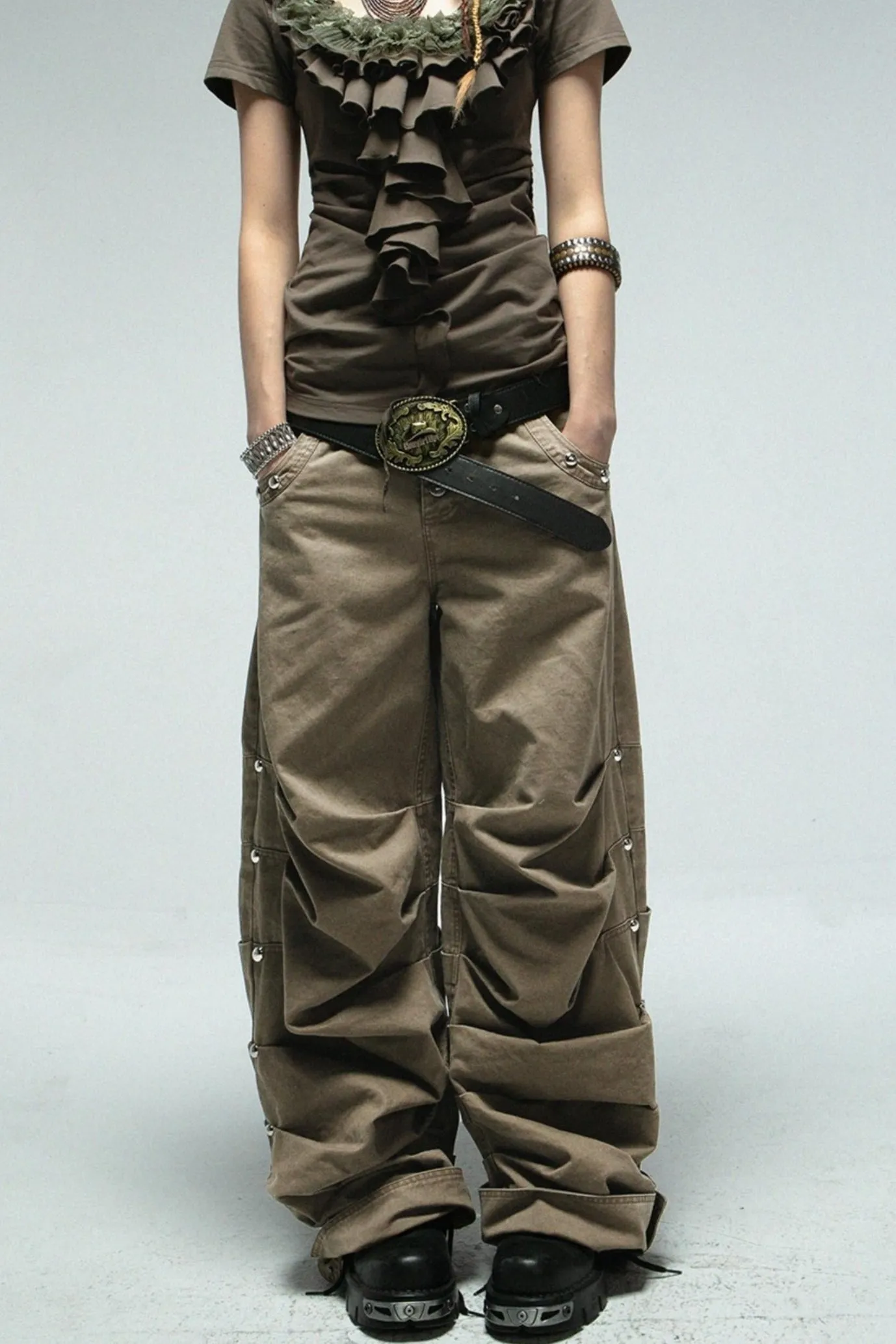 Distressed Pleated Cotton Trousers
