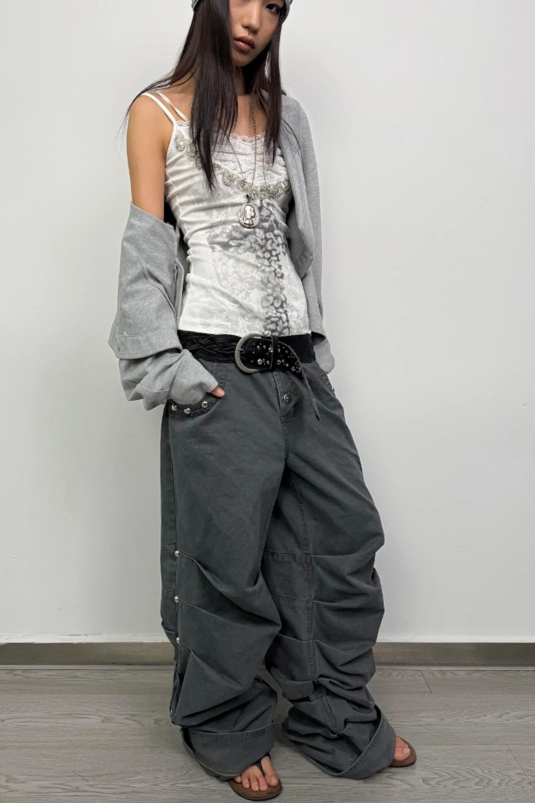 Distressed Pleated Cotton Trousers