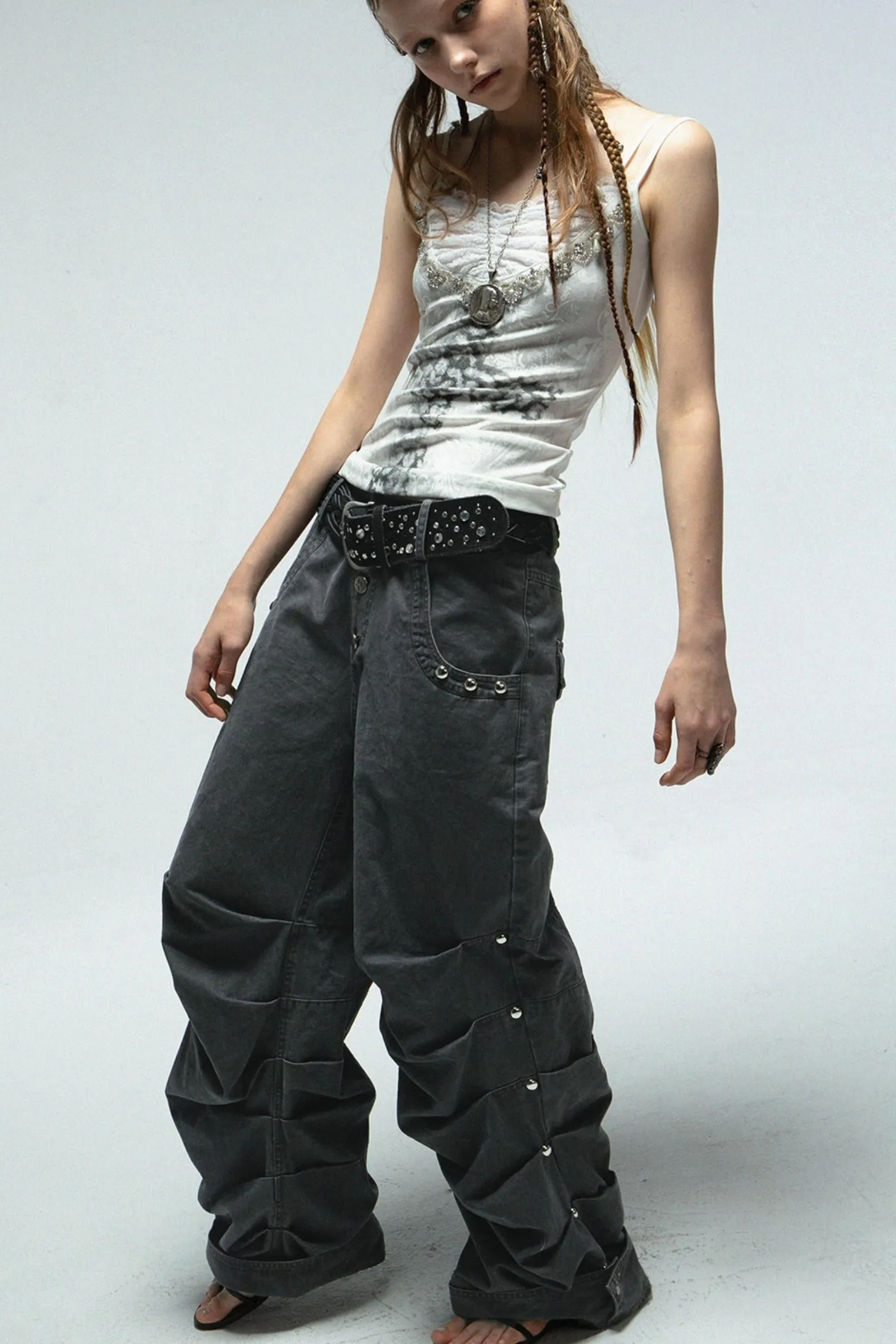 Distressed Pleated Cotton Trousers