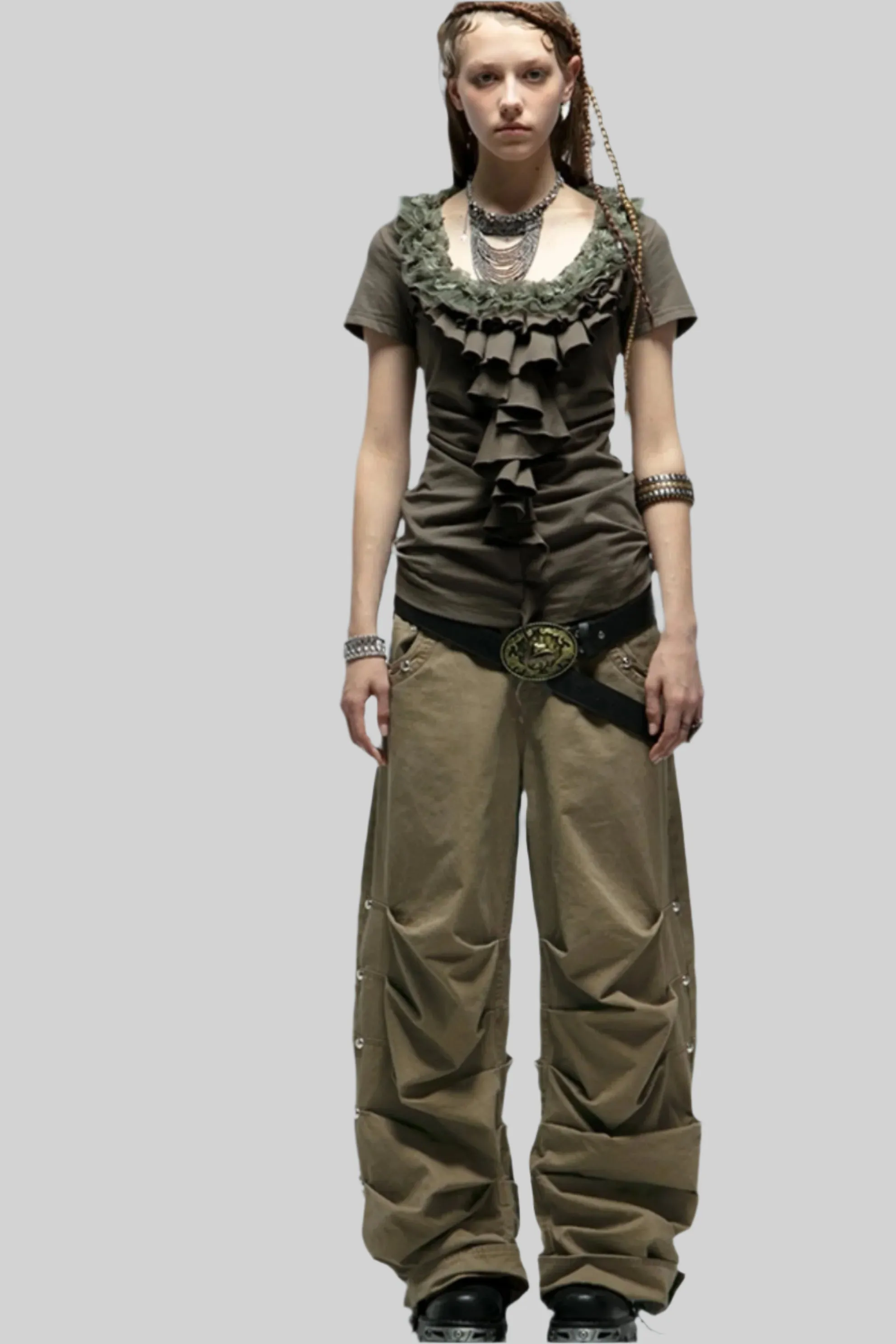 Distressed Pleated Cotton Trousers