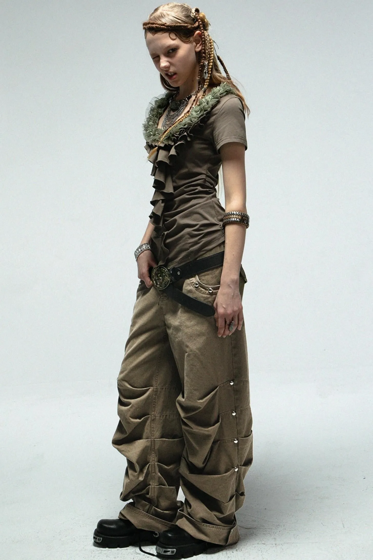 Distressed Pleated Cotton Trousers