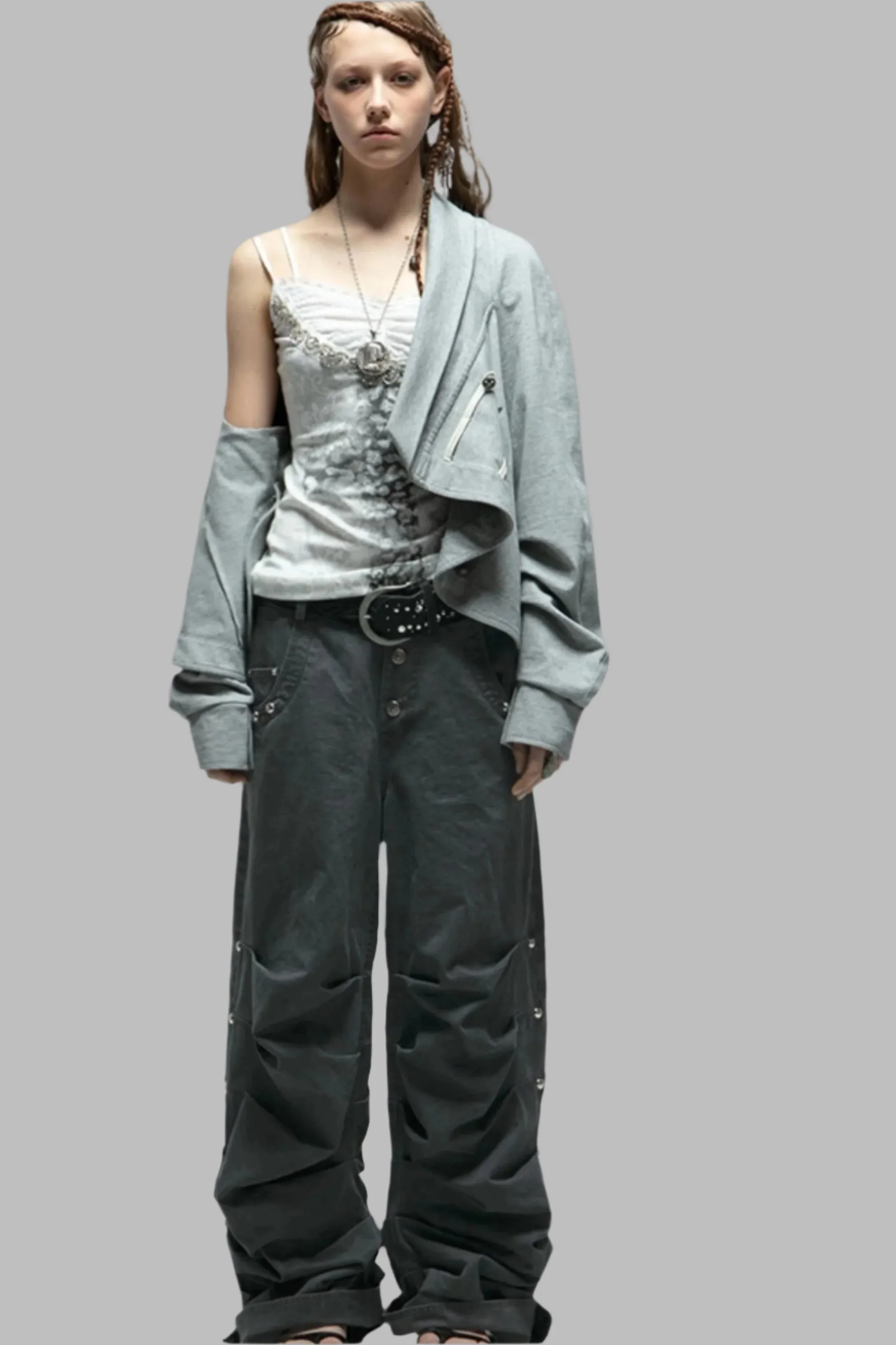 Distressed Pleated Cotton Trousers