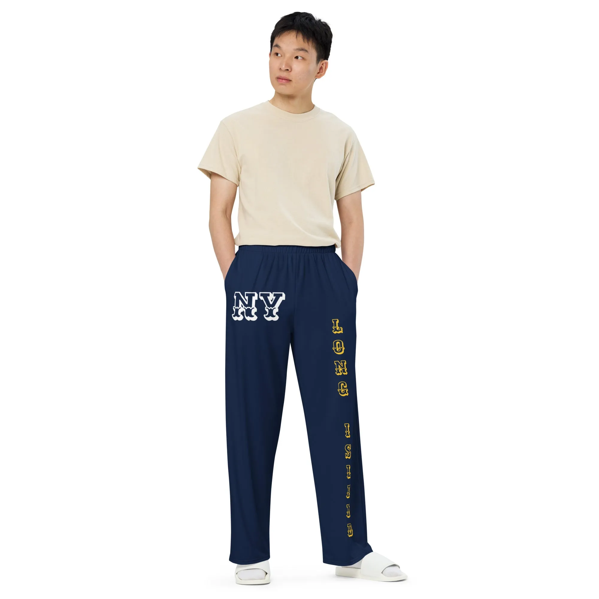 DJD NY- "It's A Long Island Thang" Unisex Wide-Leg Pants Navy/Yellow/White