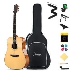 Donner DAD-812 41" Solid Body Right Handed Acoustic Guitar with Accessories, Natural Finish