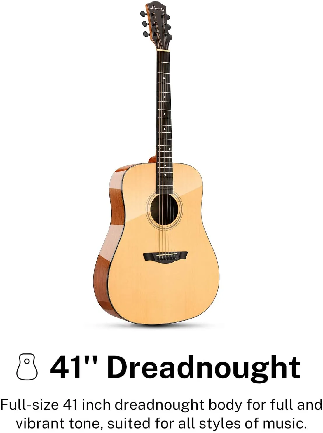 Donner DAD-812 41" Solid Body Right Handed Acoustic Guitar with Accessories, Natural Finish