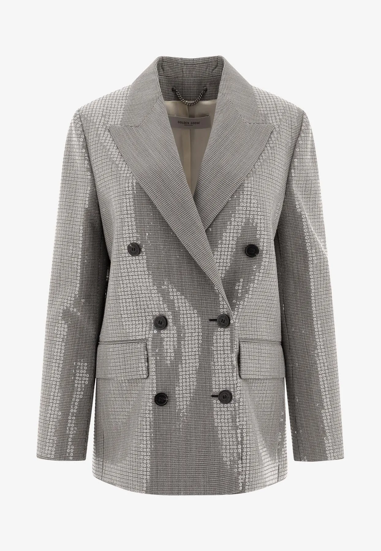 Double-Breasted Houndstooth Sequined Blazer