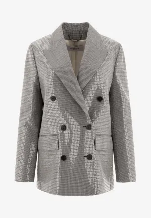 Double-Breasted Houndstooth Sequined Blazer