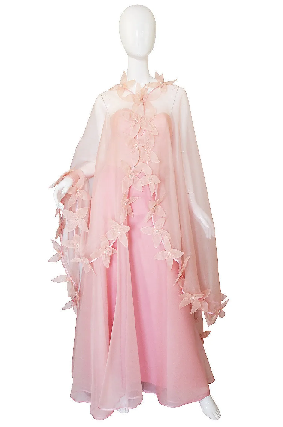 Dramatic 1975 Loris Azzaro Couture Pink Silk Gown & Cape