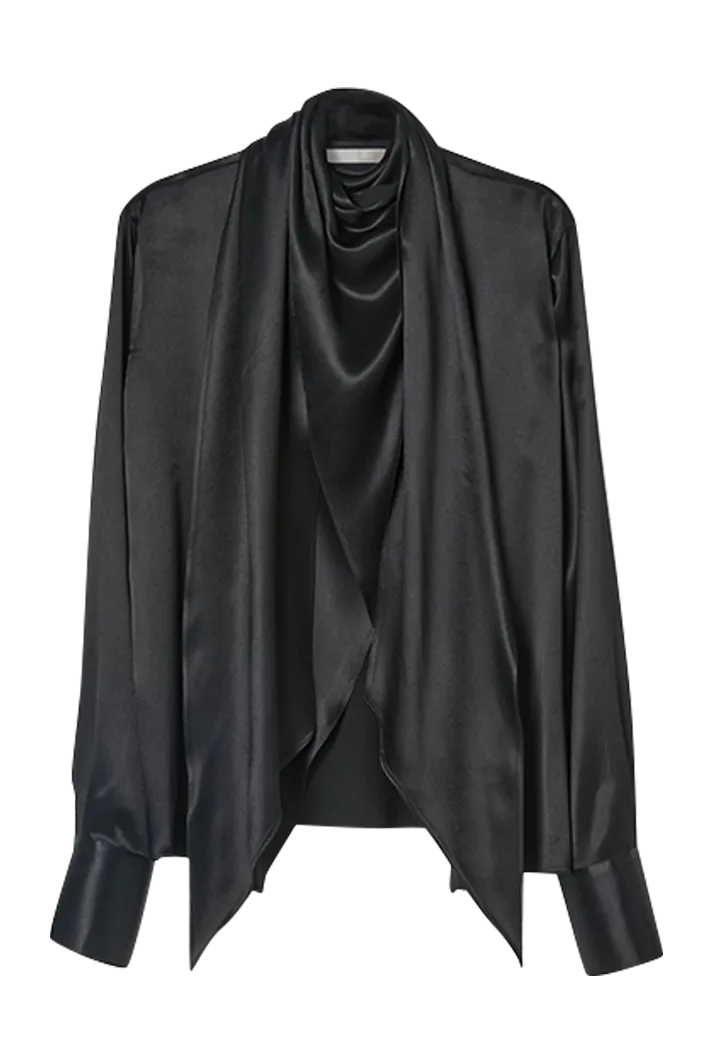 Draped Tie Detail High Neck Shirt | Black