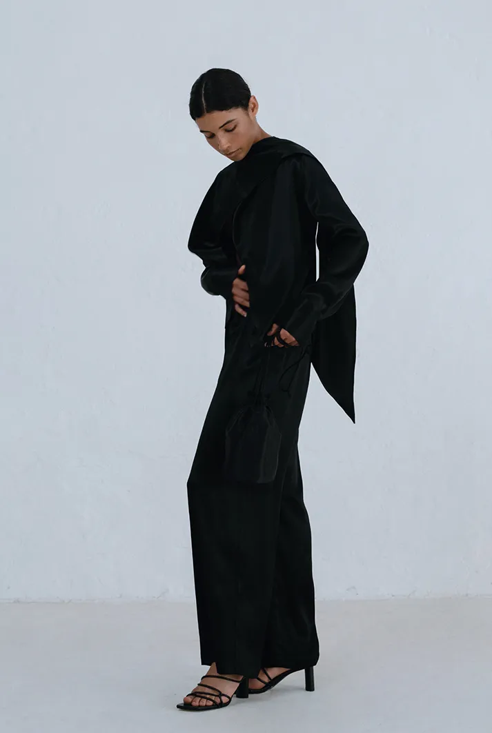 Draped Tie Detail High Neck Shirt | Black