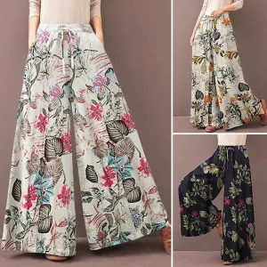 Elastic Waist Floral Women's Wide Leg Pants Trousers