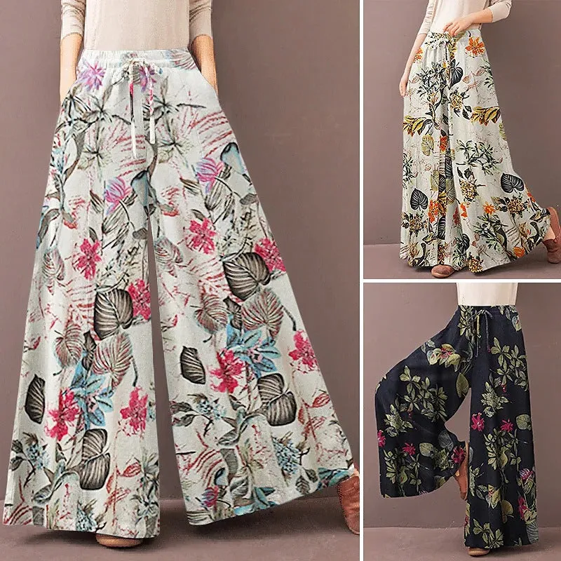 Elastic Waist Floral Women's Wide Leg Pants Trousers