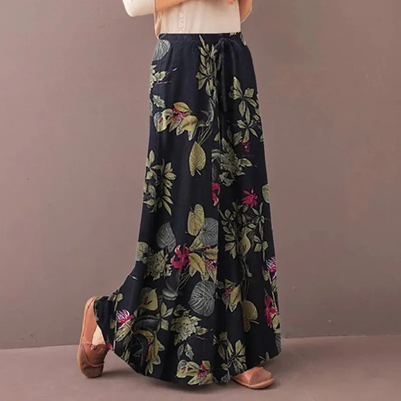 Elastic Waist Floral Women's Wide Leg Pants Trousers