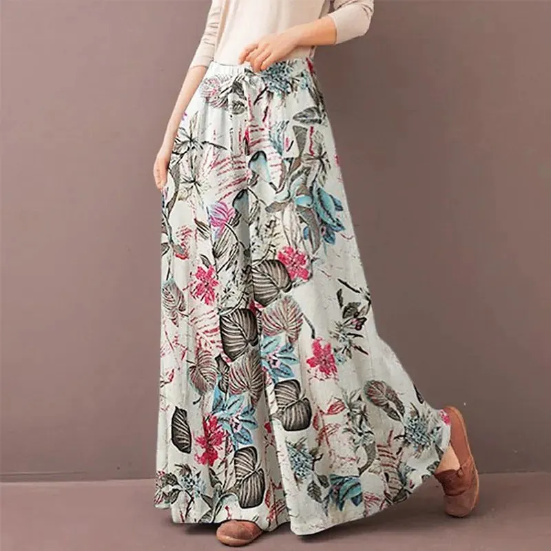 Elastic Waist Floral Women's Wide Leg Pants Trousers