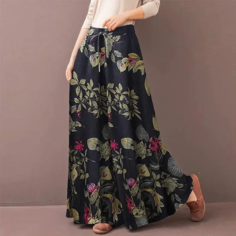 Elastic Waist Floral Women's Wide Leg Pants Trousers