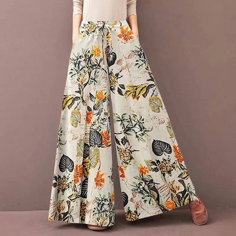 Elastic Waist Floral Women's Wide Leg Pants Trousers