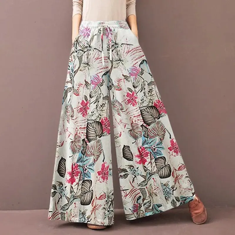 Elastic Waist Floral Women's Wide Leg Pants Trousers