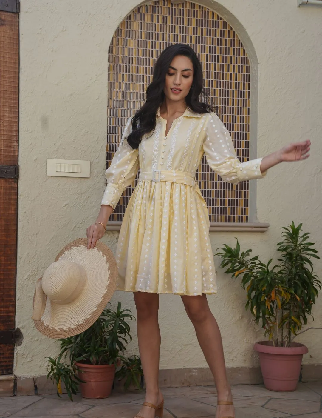 Elegant Cotton Yellow Mini Dress