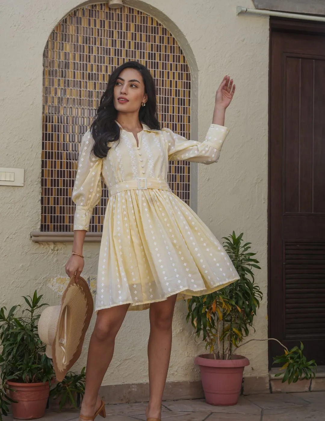 Elegant Cotton Yellow Mini Dress