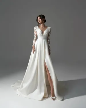 Elegant Simple Long Sleeve Wedding Dress Satin A Line V neck Bridal Gowns Side Split Bride Dress Sweep Train Plus Size