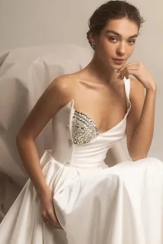 Elegent Satin One Shoulder A-Line Wedding Dress Sleeveless Beaded Crystals Ruched Pleats Bridal Gowns Customed Vestidos De Novia