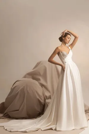 Elegent Satin One Shoulder A-Line Wedding Dress Sleeveless Beaded Crystals Ruched Pleats Bridal Gowns Customed Vestidos De Novia