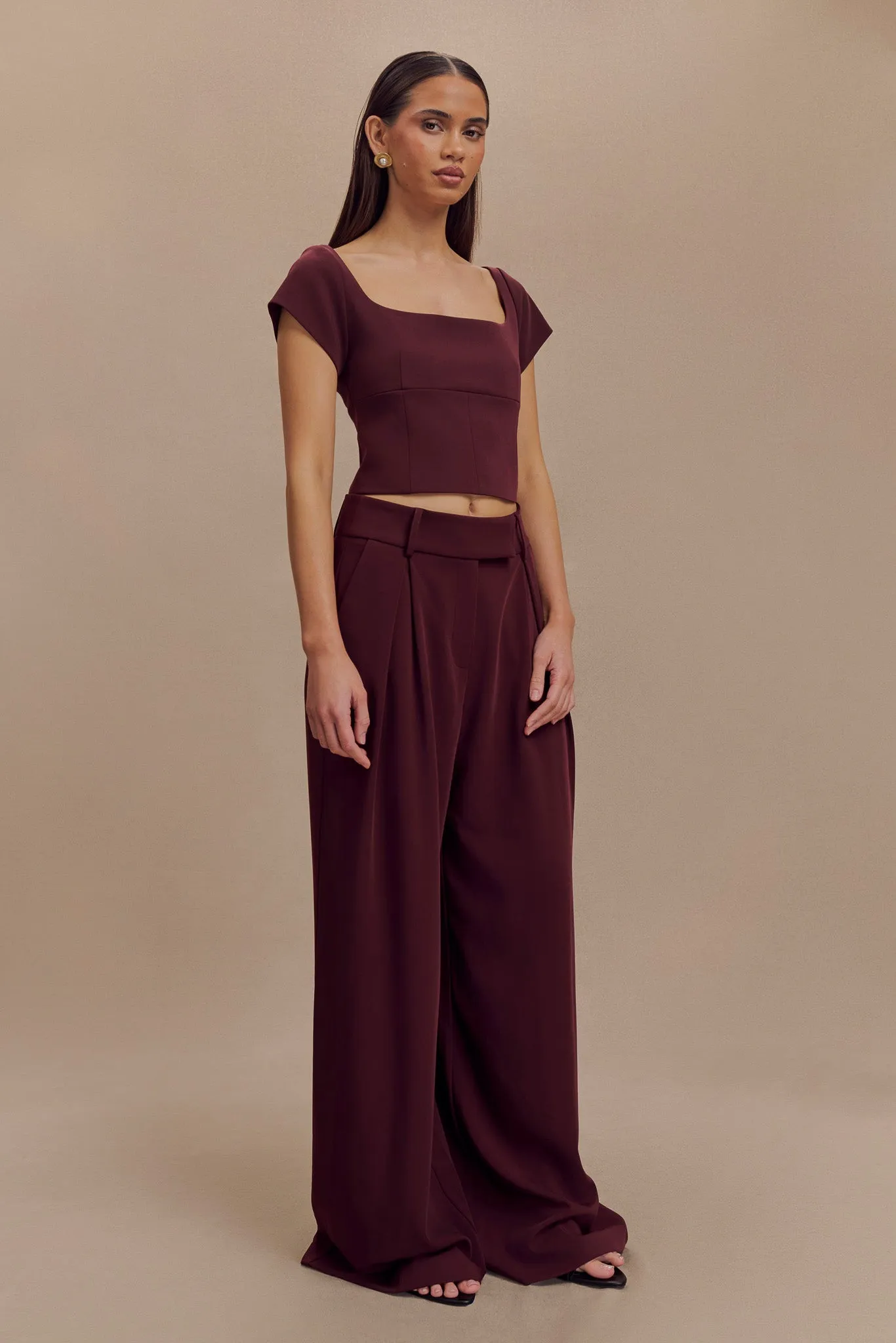 Ellis Cap Sleeve Longline Suiting Top - Mahogany