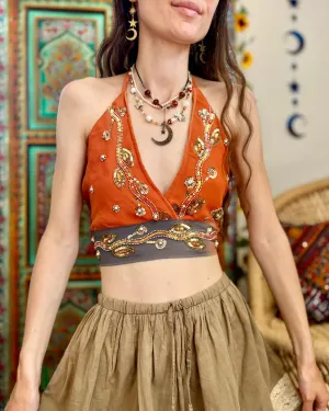 Embroidered Sequin Triangle Crop Top