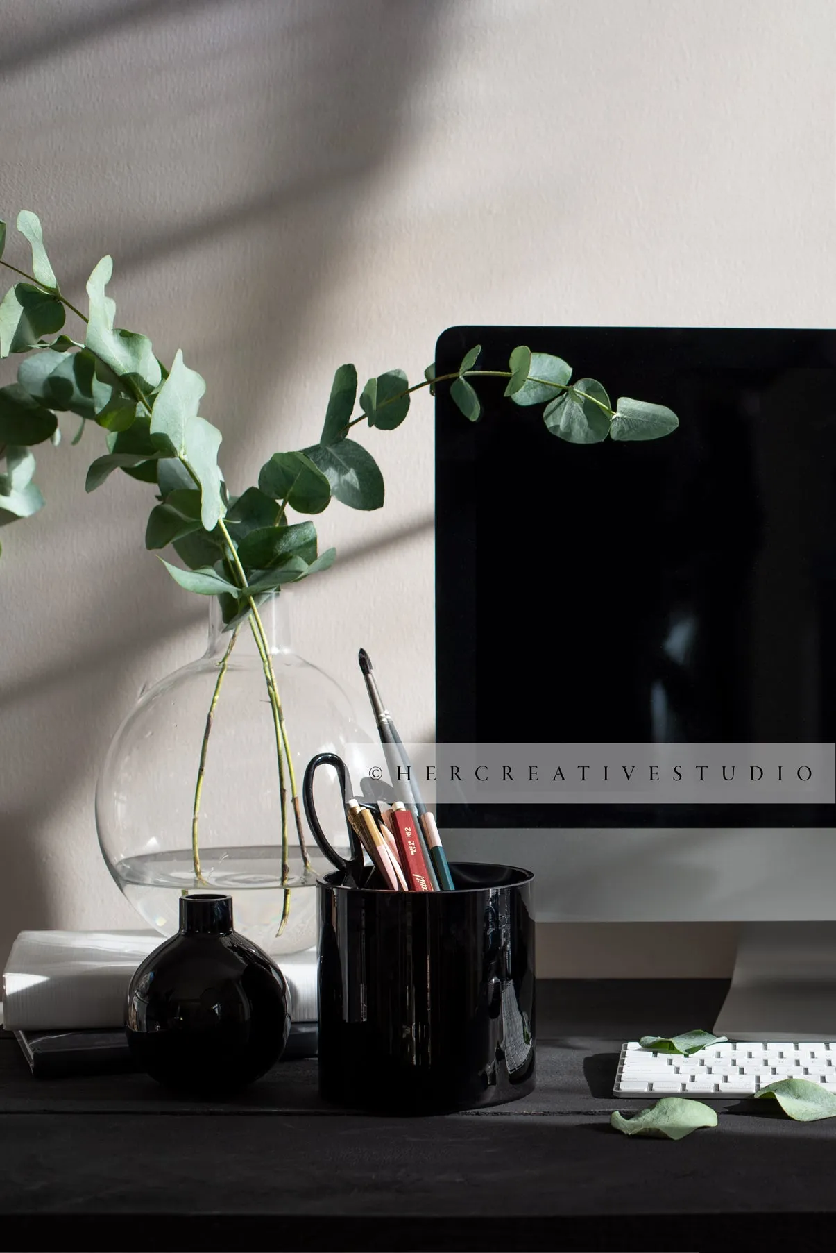 Eucalyptus & Pencil Holder on Black Desk