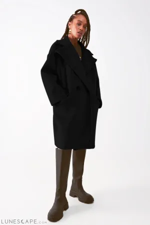 Faux Suede Oversized Pea Coat in Black