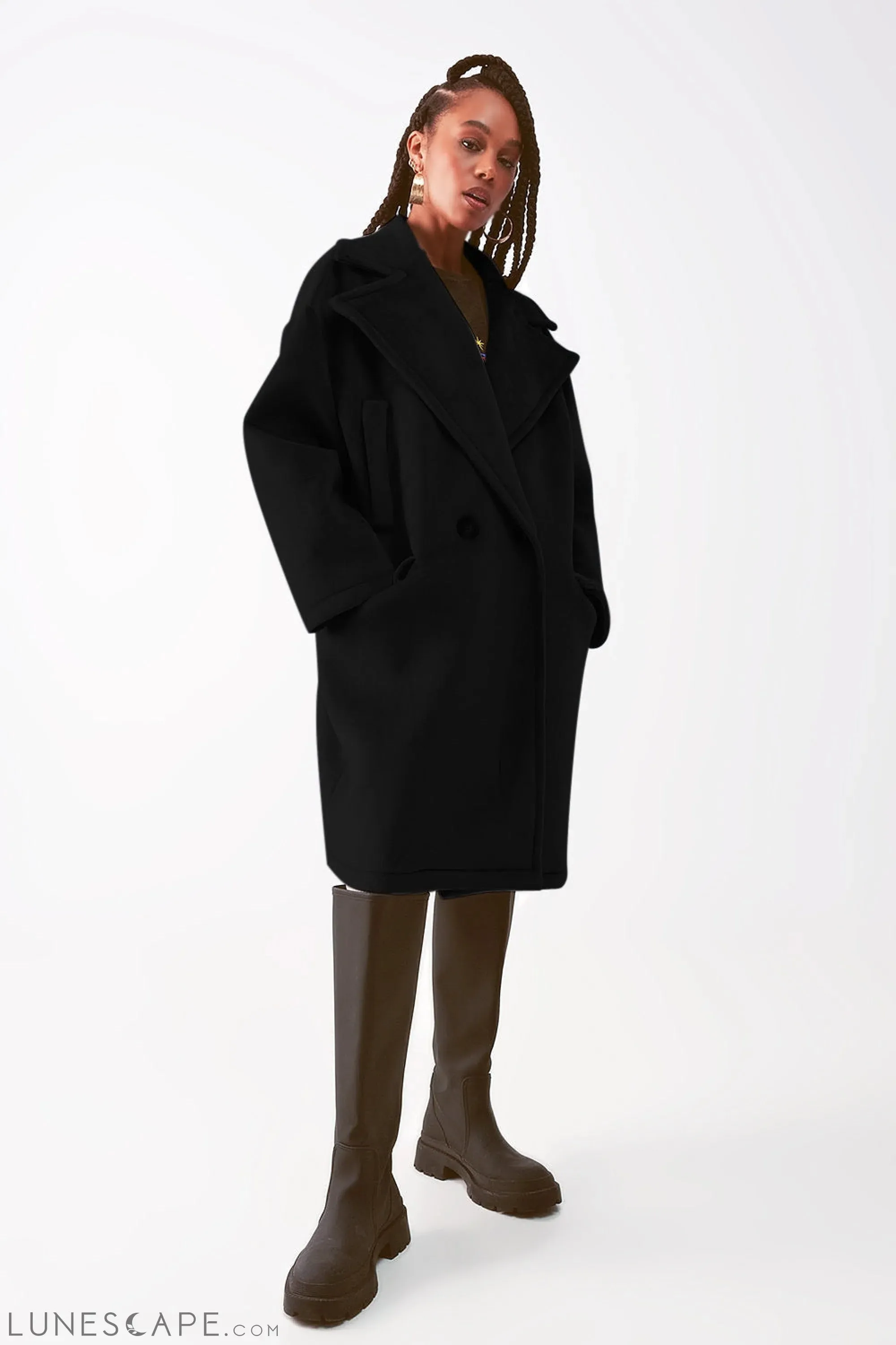 Faux Suede Oversized Pea Coat in Black