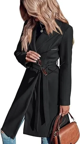 Fazortev Womens Pea Trench Coats Notched Lapel Double Breasted Belted Jackets, M