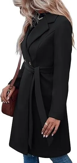 Fazortev Womens Pea Trench Coats Notched Lapel Double Breasted Belted Jackets, M
