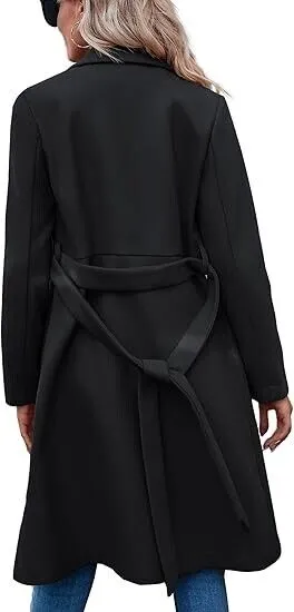 Fazortev Womens Pea Trench Coats Notched Lapel Double Breasted Belted Jackets, M