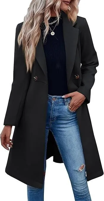 Fazortev Womens Pea Trench Coats Notched Lapel Double Breasted Belted Jackets, M