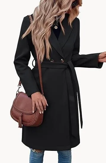 Fazortev Womens Pea Trench Coats Notched Lapel Double Breasted Belted Jackets, M
