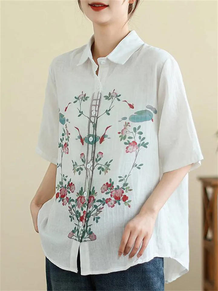 Female Koi Lotus Leaf Floral Print Button-Up Shirts