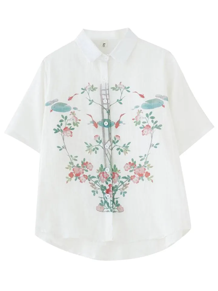 Female Koi Lotus Leaf Floral Print Button-Up Shirts