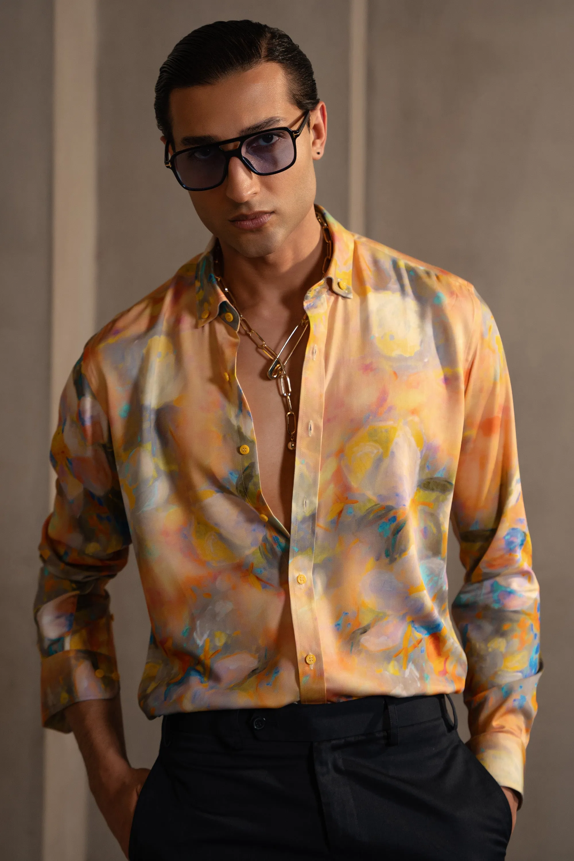 Floral Oil Paint Pattern Cotton Silk Shirt