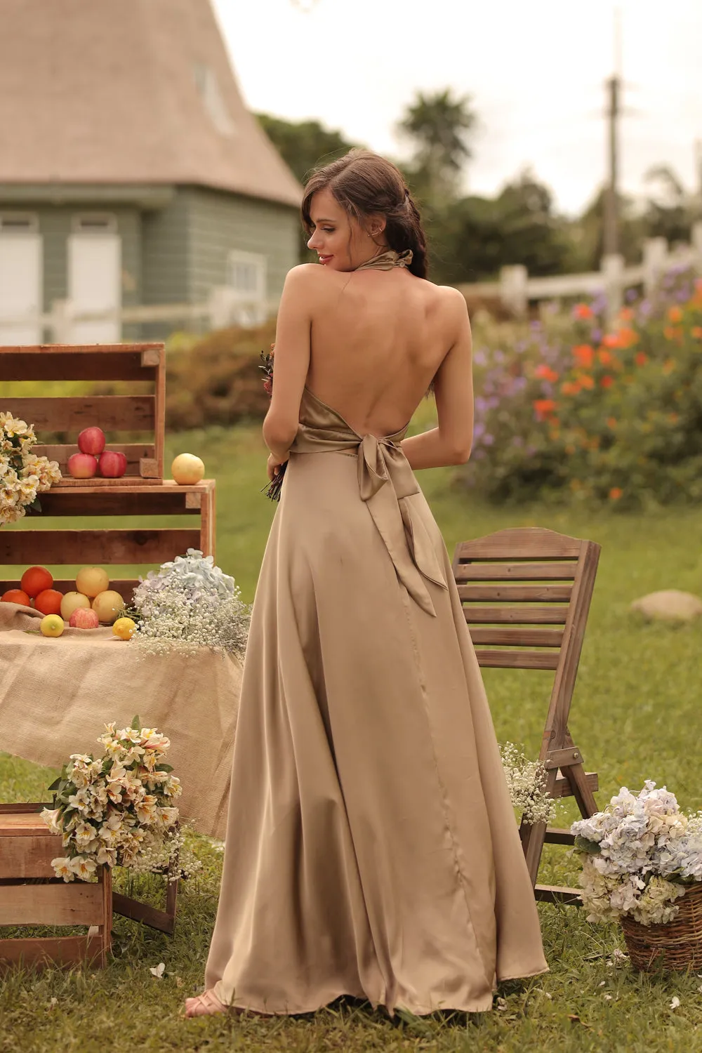 FLORENTINE SET DRESS Halter Tie Back Dress with Slit Maxi Skirt (Olive SC Silk)