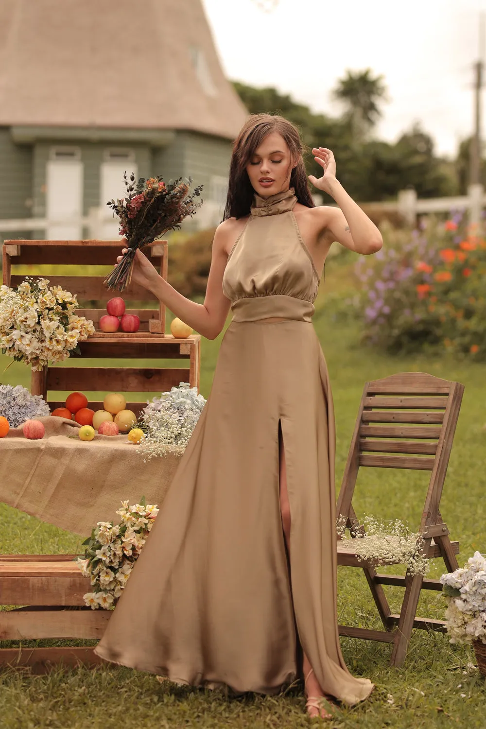 FLORENTINE SET DRESS Halter Tie Back Dress with Slit Maxi Skirt (Olive SC Silk)