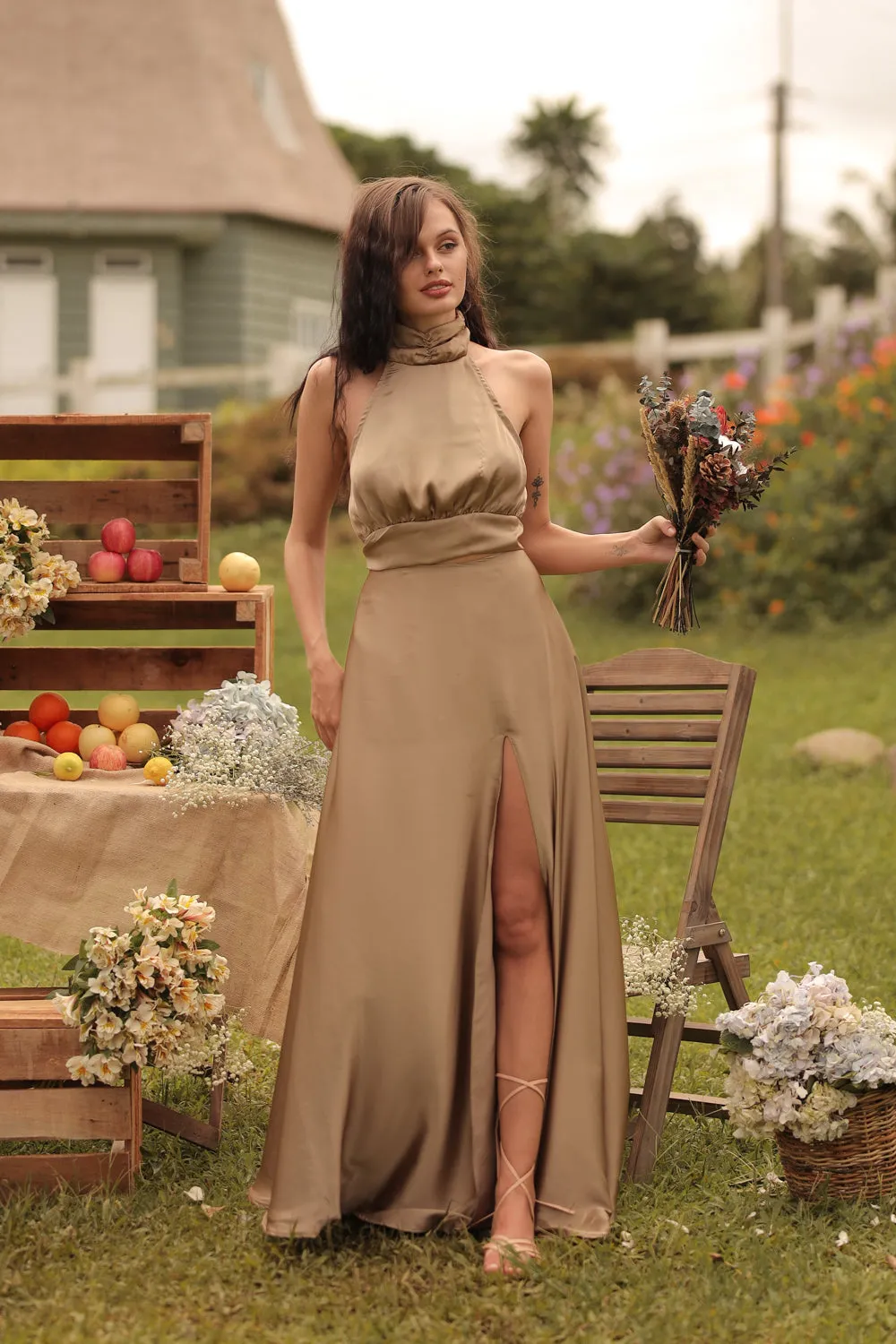 FLORENTINE SET DRESS Halter Tie Back Dress with Slit Maxi Skirt (Olive SC Silk)