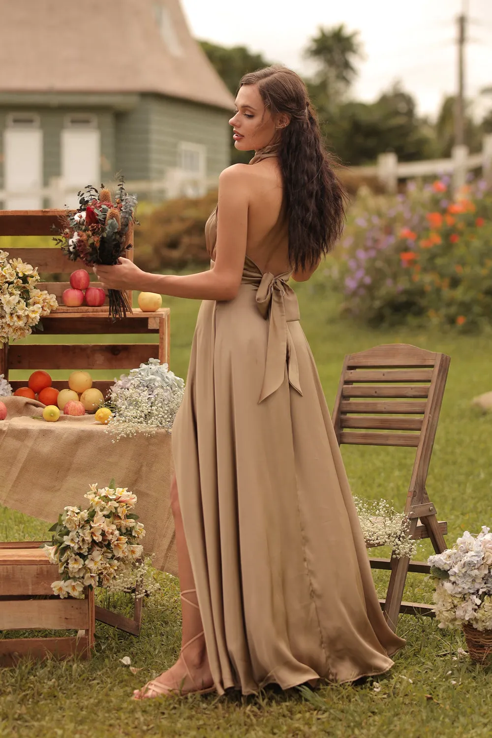 FLORENTINE SET DRESS Halter Tie Back Dress with Slit Maxi Skirt (Olive SC Silk)