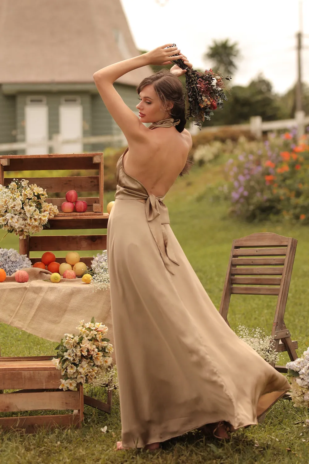 FLORENTINE SET DRESS Halter Tie Back Dress with Slit Maxi Skirt (Olive SC Silk)
