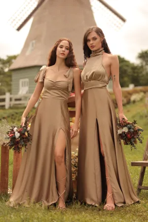 FLORENTINE SET DRESS Halter Tie Back Dress with Slit Maxi Skirt (Olive SC Silk)